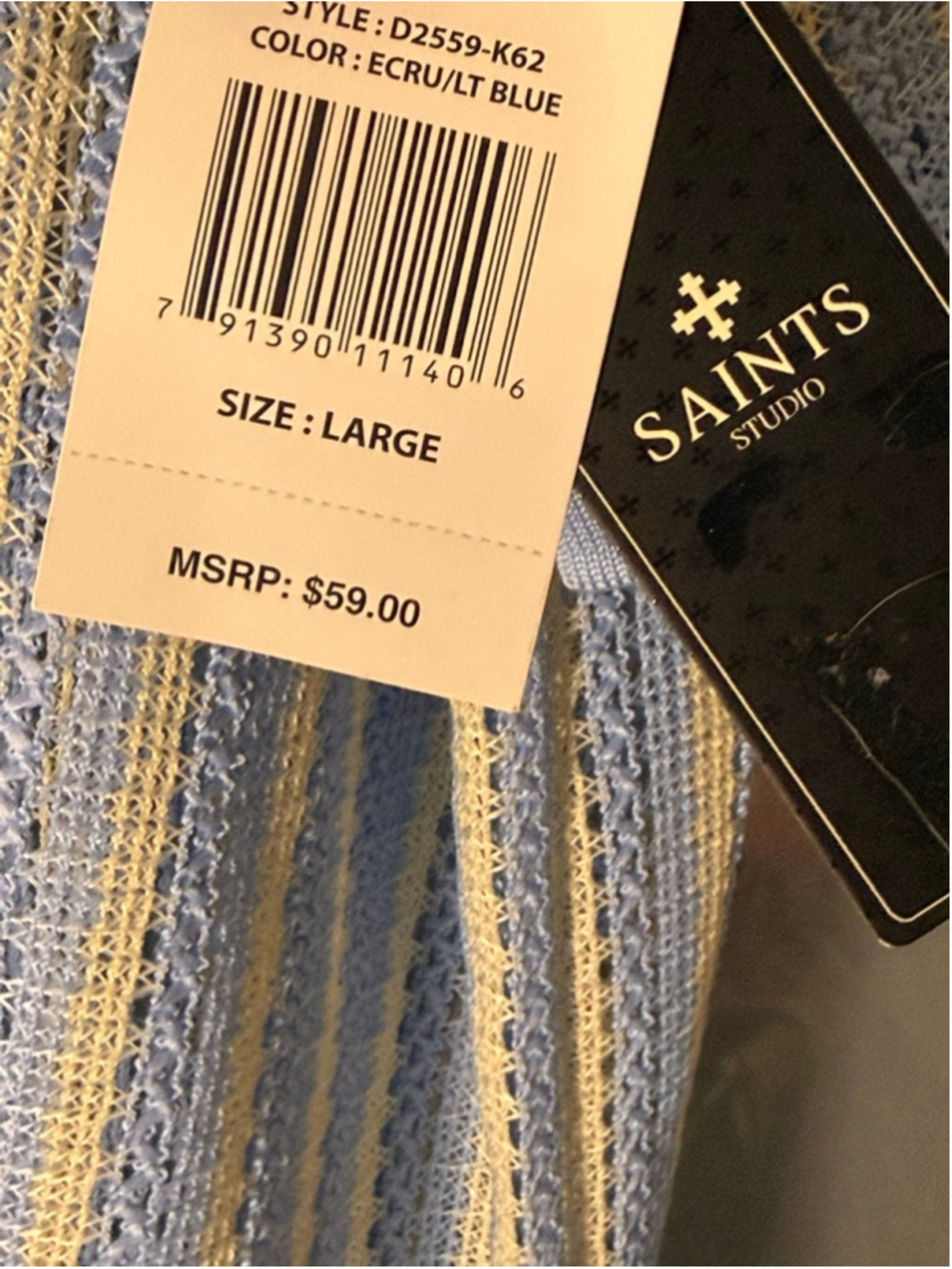 Men's SAINTS STUDIO Light Blue Ecru Striped Knit Polo Shirt L - Picture 7 of 7